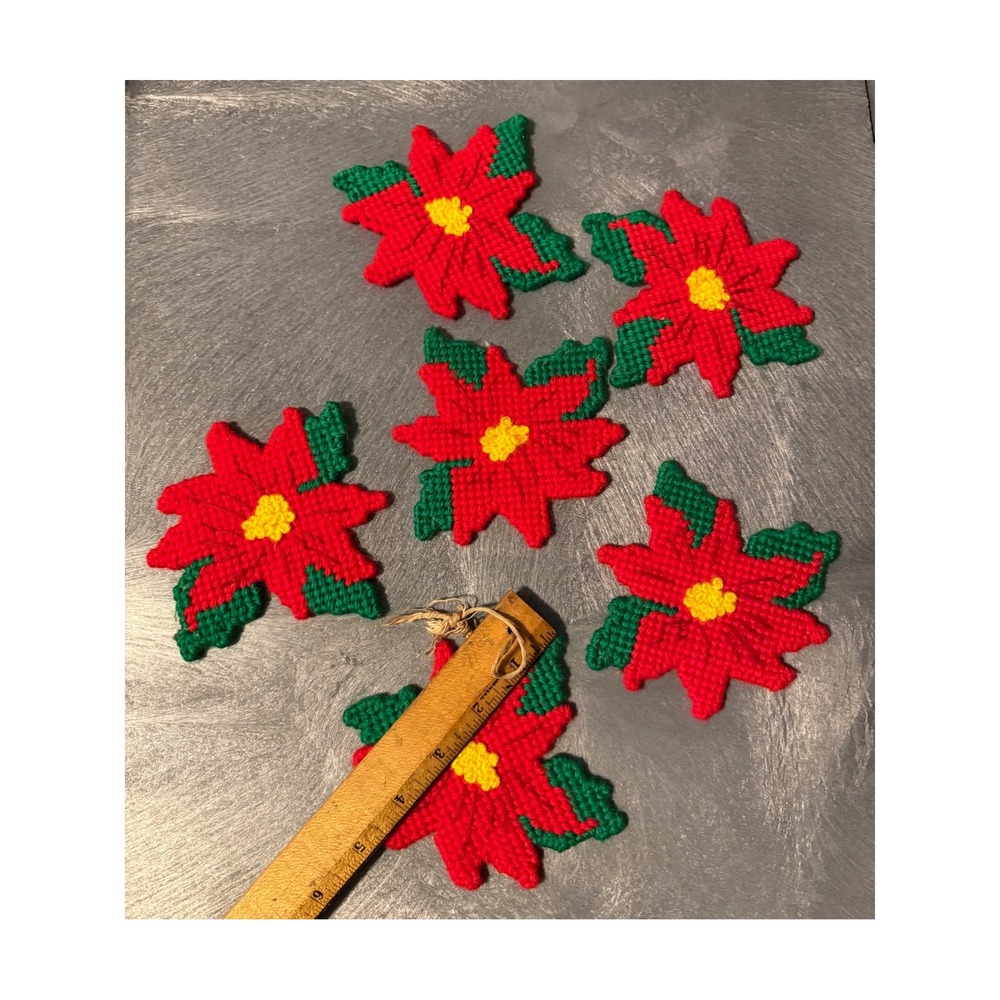 Vintage Handmade Plastic Canvas Poinsettia Christmas Ornaments Coasters Set Of 6